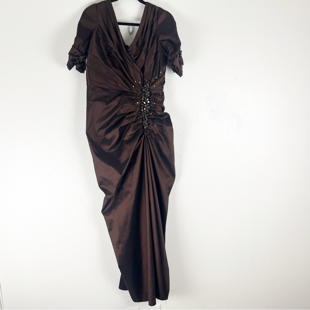 TADASHI SHOJI Brown Ruched Sequin Puffer Sleeves Deep V-Neck Maxi Dress Size 14